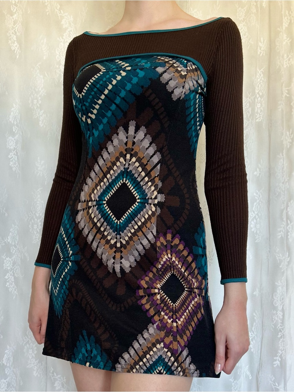 Graphic Knit 70s Brown Patterned Dress